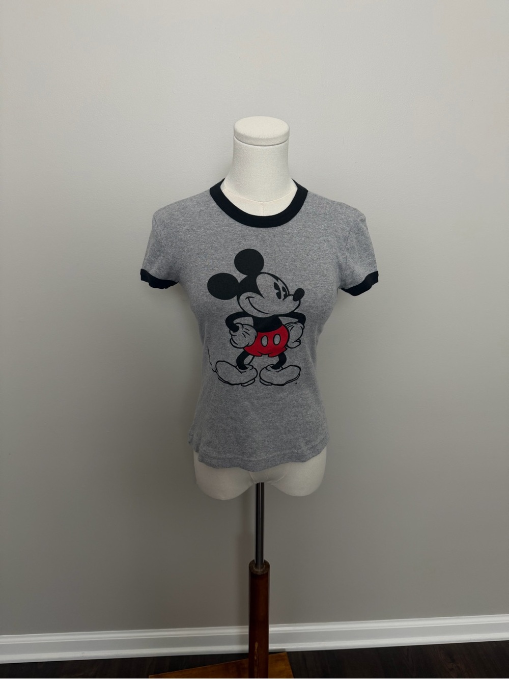 Vintage Y2K Disney Baby Tee Shirt Ringer Cropped Mickey Mouse Graphic Retro Grey